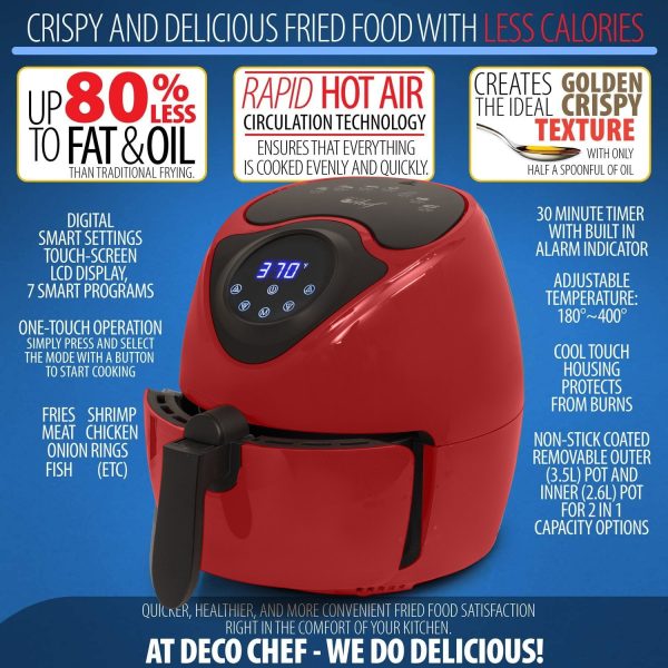 Deco Chef 3.7QT Electric Oil-Free Digital Air Fryer for Healthy Frying, Red - Refurbished Discount